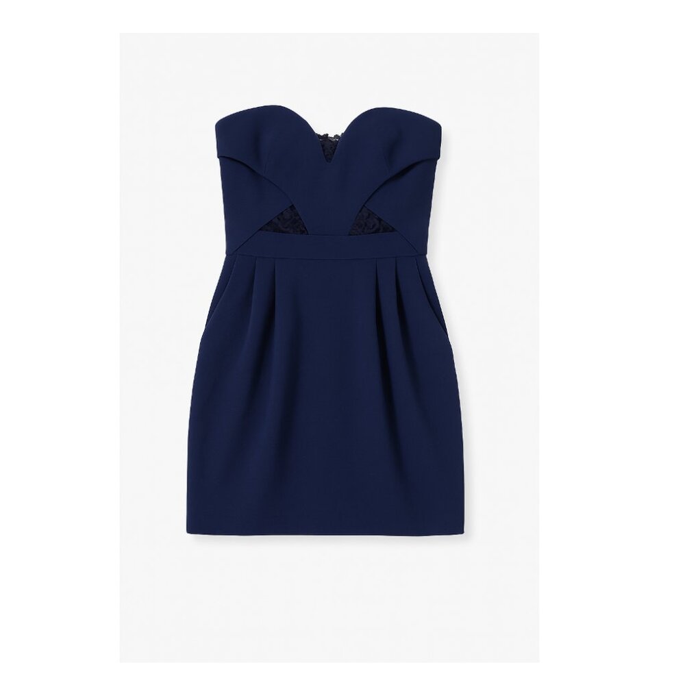 The Kooples Dark Blue Strapless Cocktail Dress with Black Lace – Size XS